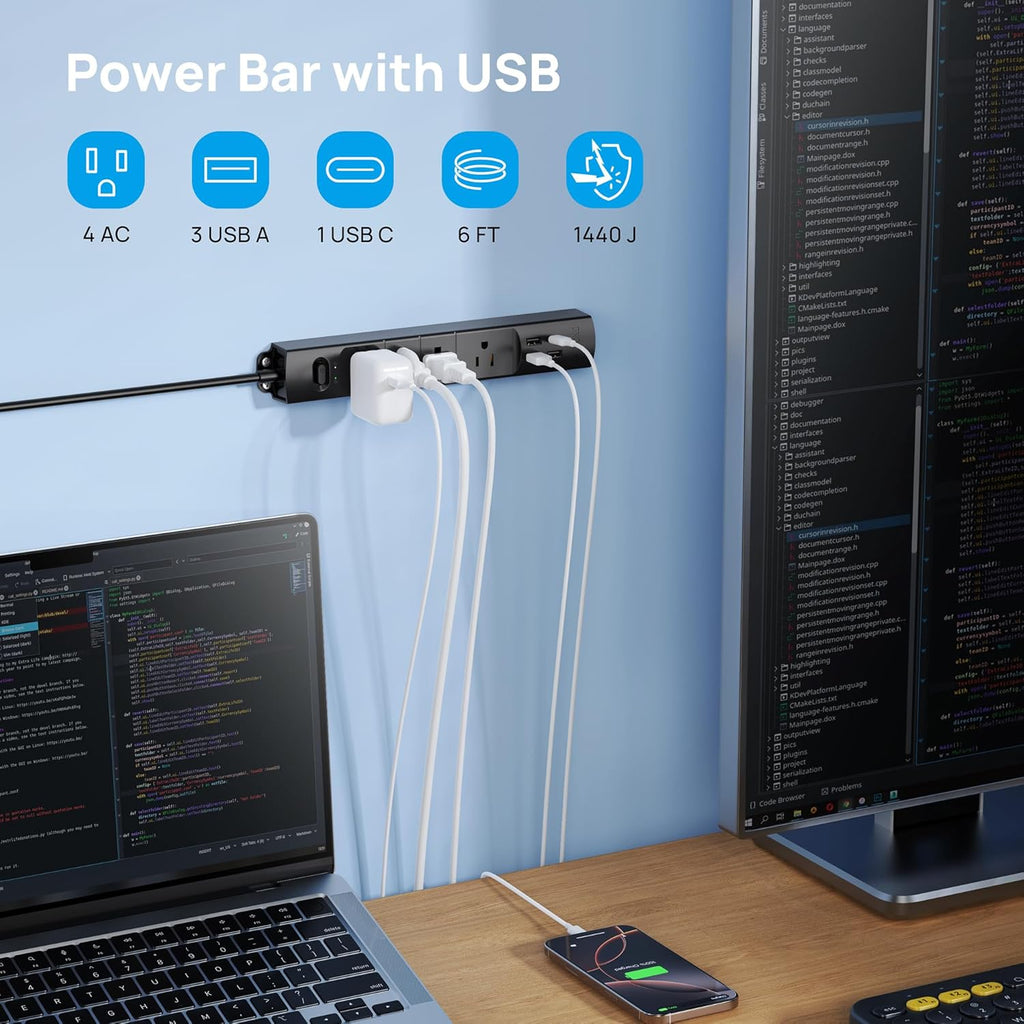 Power Strip Surge Protector Flat Plug, 4 AC Outlets & 4 USB Ports, 6Ft Long Extension Cord, 1440 Joules, Wall Mount for Workbench, Nightstand, Dresser, Home, Office, Desk, Black