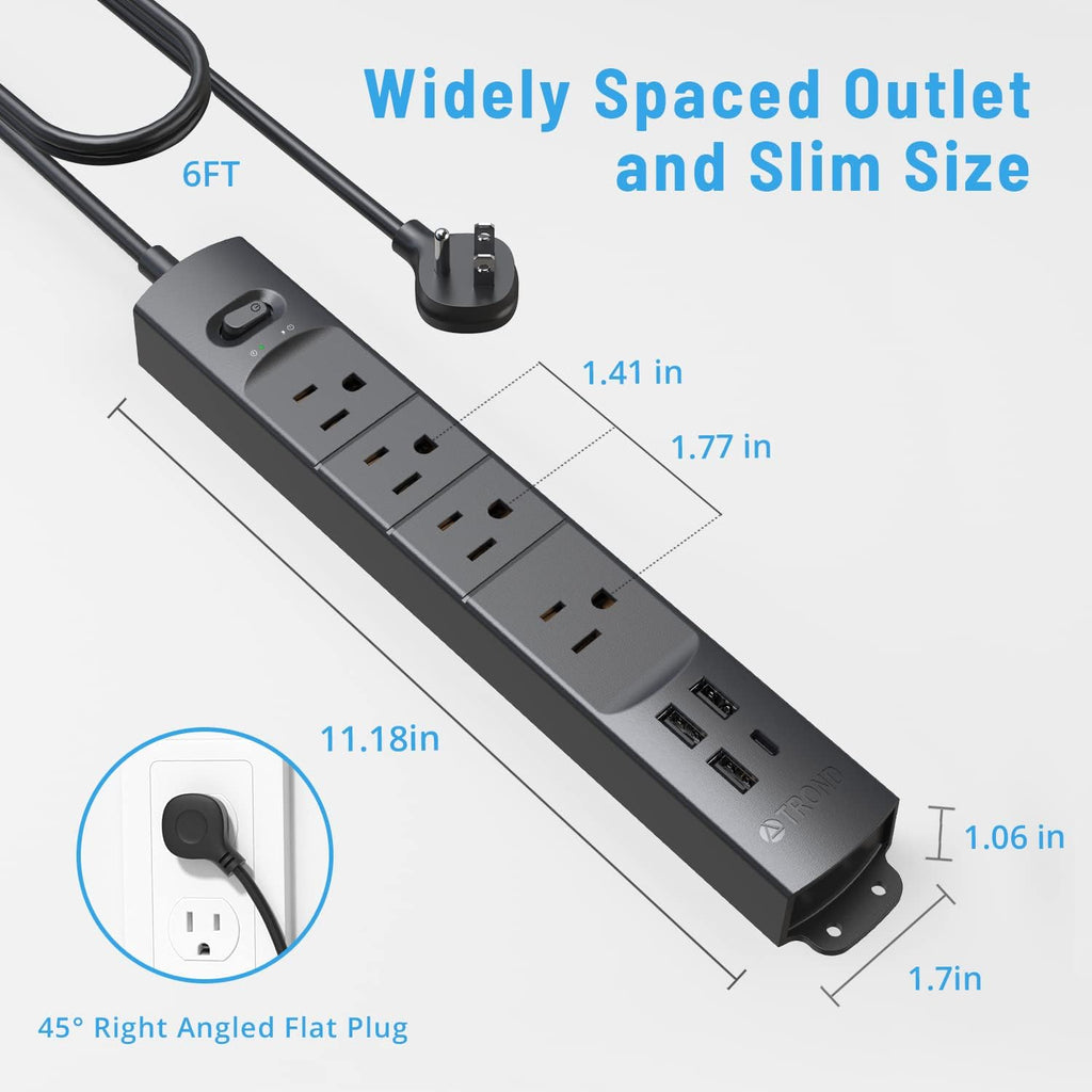 Power Strip Surge Protector Flat Plug, 4 AC Outlets & 4 USB Ports, 6Ft Long Extension Cord, 1440 Joules, Wall Mount for Workbench, Nightstand, Dresser, Home, Office, Desk, Black