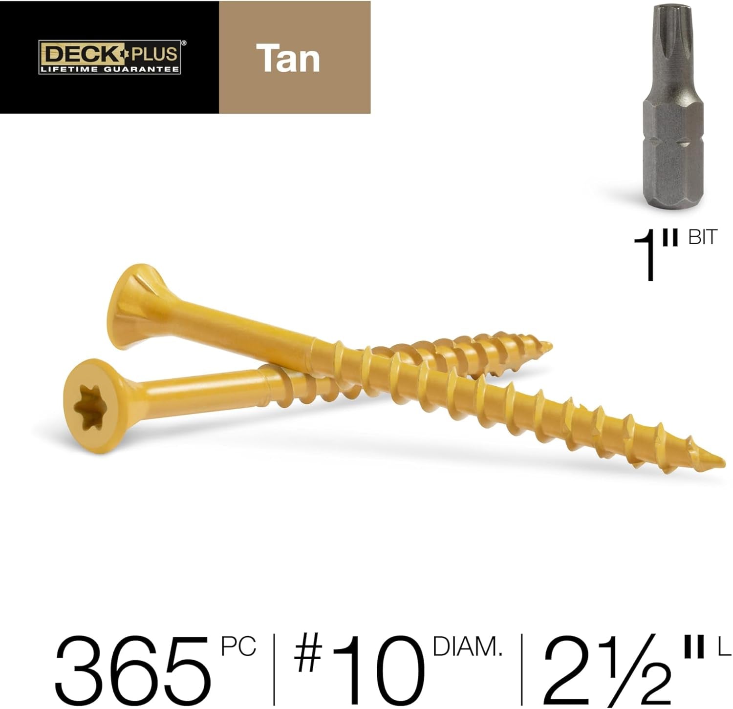 2-1/2 Inch Epoxy Coated Exterior Wood and Fence Screws #10 X 2-1/2" Torx/Star Drive Included Coarse Thread, Outdoor Rust Resistant Decking Screw, Tan, 5 Lb Box, 365 Pieces | 48416