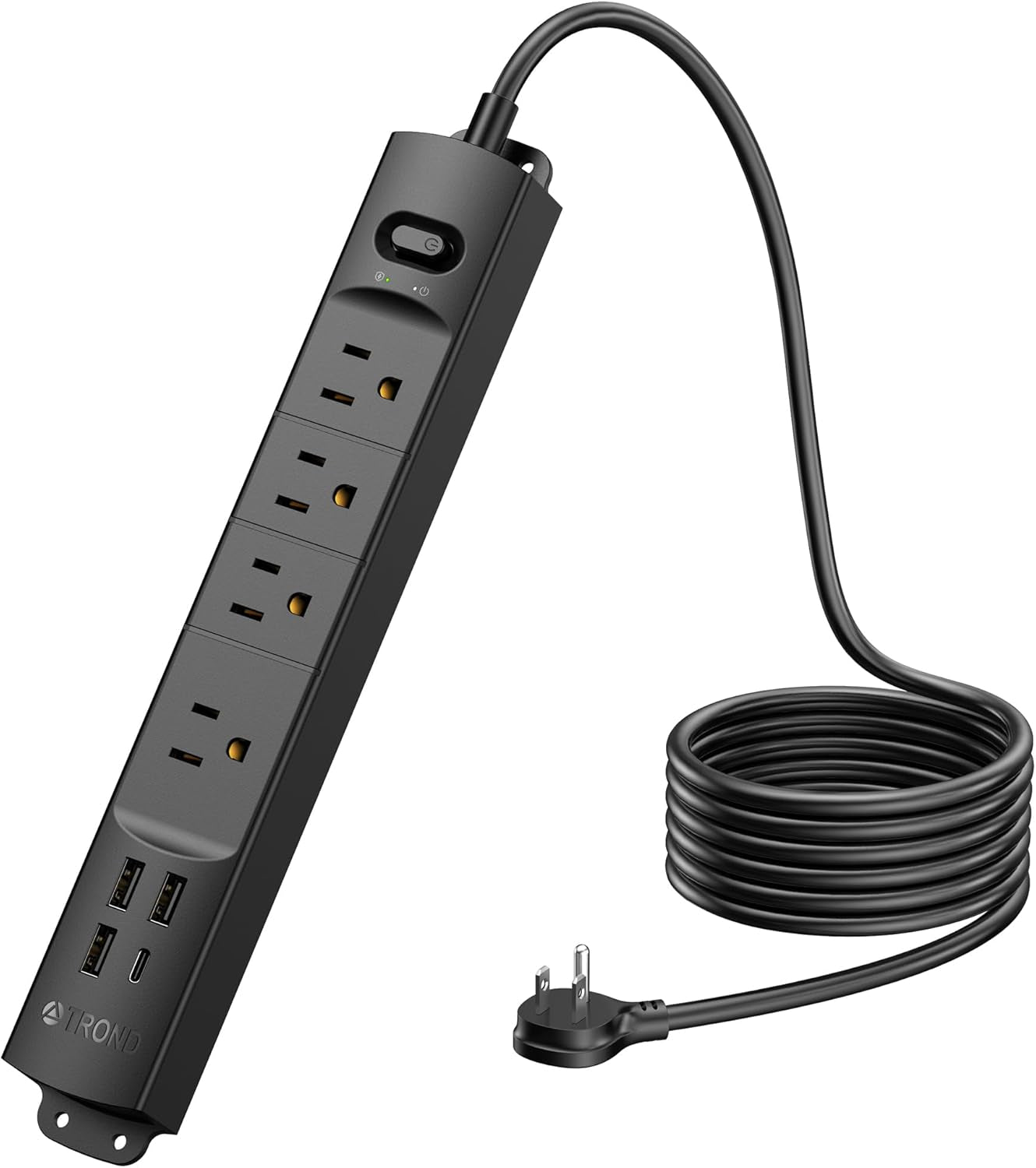 Power Strip Surge Protector Flat Plug, 4 AC Outlets & 4 USB Ports, 6Ft Long Extension Cord, 1440 Joules, Wall Mount for Workbench, Nightstand, Dresser, Home, Office, Desk, Black