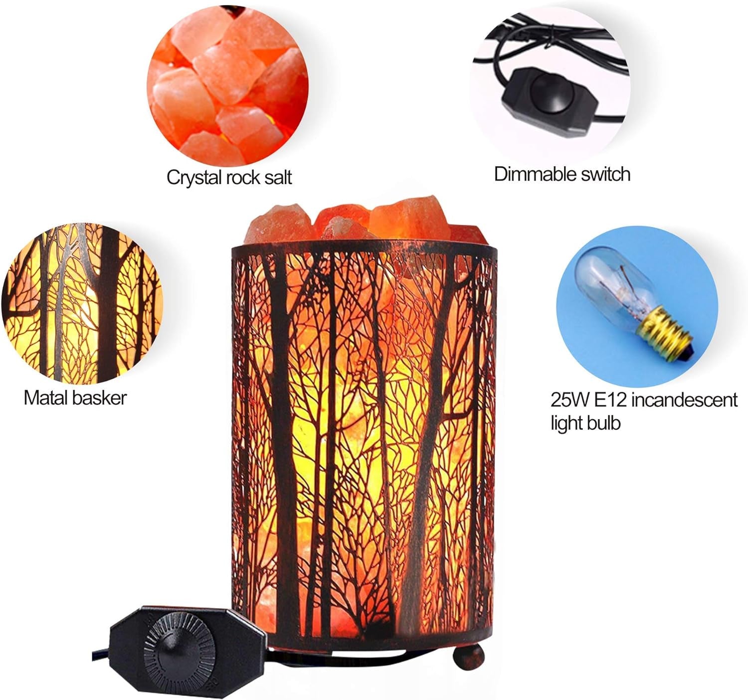 Salt Lamps, Natural Himalayan Salt Lamp, Forest Salt Lamp with Dimmer Switch, Salt Crystal Night Lights, Retro Metal Basket Decor Desk Lamp with Extra 25W Lamp Bulbs