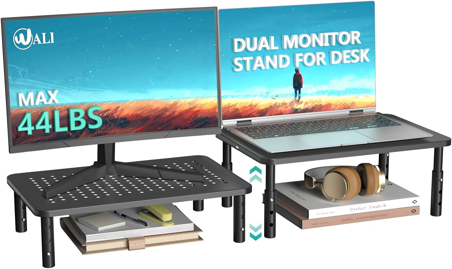 Monitor Risers for 2 Monitors, Computer Monitor Stand for 2 Monitors, Dual Monitor Riser, Laptop Riser for Desk, Adjustable underneath Storage for Office, Home, School(Stt003-2), 2 Pack,Black