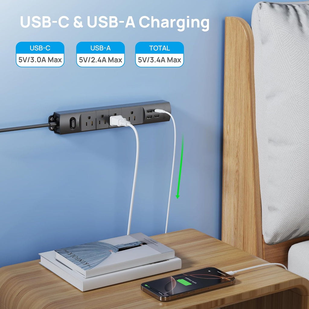 Power Strip Surge Protector Flat Plug, 4 AC Outlets & 4 USB Ports, 6Ft Long Extension Cord, 1440 Joules, Wall Mount for Workbench, Nightstand, Dresser, Home, Office, Desk, Black